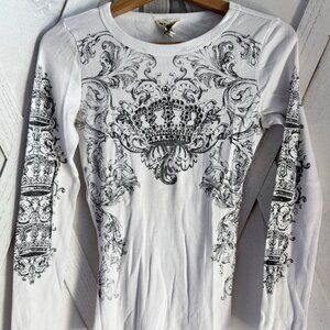 Vocal Apparel womens crystal white black crown wings t shirt L large y2k